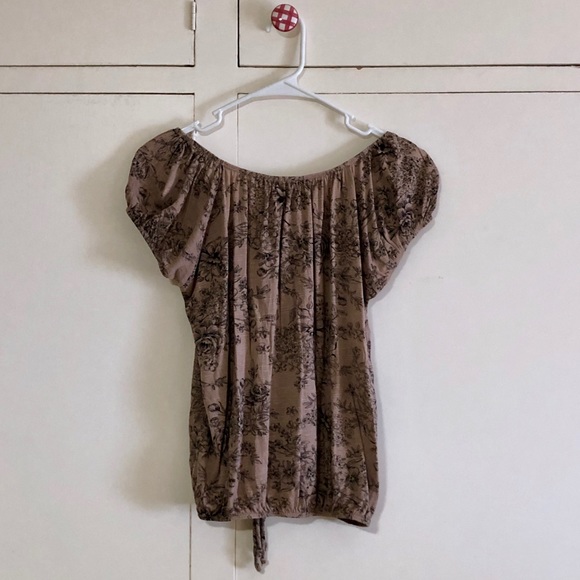 Vintage Tan Off-the-Shoulder Flower Print Blouse - Picture 4 of 4